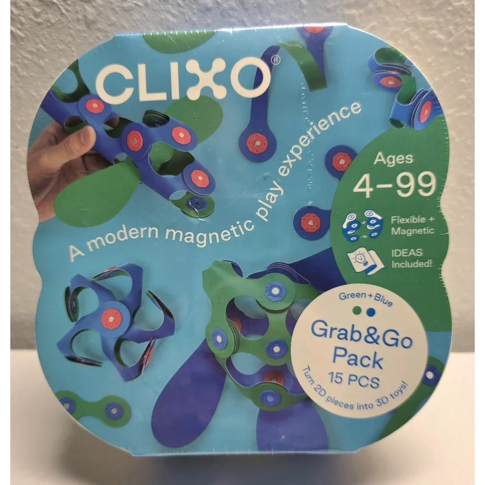 Clixo Grab & Go Green/Blue Magnetic Building Set for Creative Thinking 15 Pieces